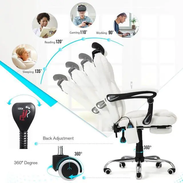 Alt view image 7 of 7 - Massage and Heat Office Chair with 7 Points, Ergonomic Reclining Office Chair Executive Home Desk Chair w/Retractable Footrest&Headrest, Cream White Leather