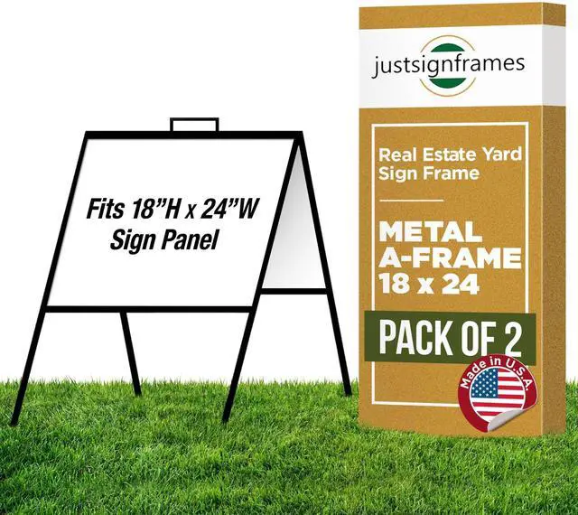 Main image of A-Frame Sign Holder - Folding Open House Stand, 18 x 24 in, Black, 2 Packs | Holds Poster Board, Sidewalk & Foam Board, Angle Iron Metal Build, Slide-In Assembly, Powder-Coated, Outdoor & Business Use