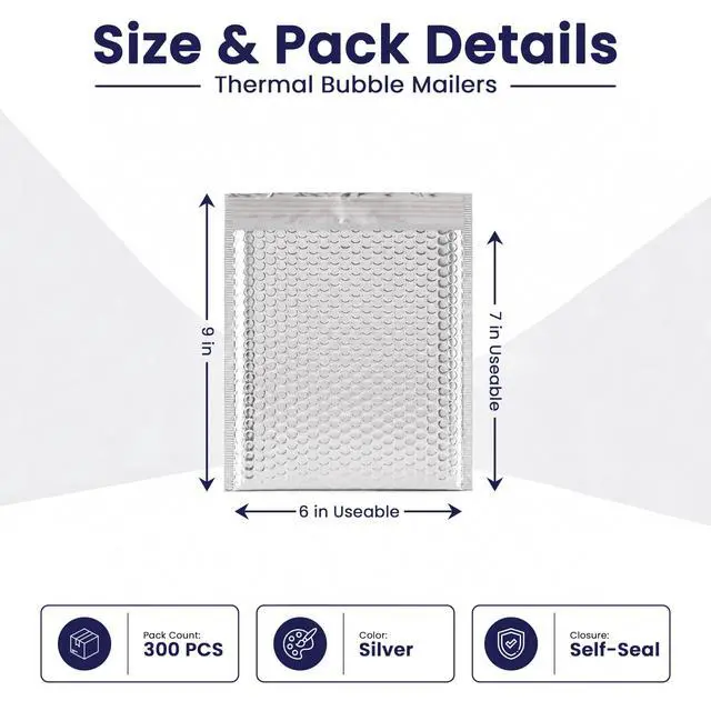 Alt view image 2 of 7 - Waterproof Insulated Foil Thermal Bubble Mailers 6x7, 300-Pack | For cosmetics, supplements & small perishables. Foil lining keeps items hot or cold