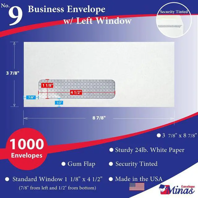 Alt view image 2 of 4 - 1000 - No. 9 Business Envelopes, Left Window, 3 7/8 x 8 7/8 Inches, 24lb White Paper with Blue Tint, Security Gum Flap, 500 Count, Made in USA, 1000 Count