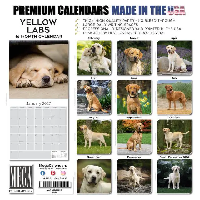 Alt view image 7 of 7 - Labrador Retriever Yellow Calendar 2026-2027, 16-Month 12x12 Wall Calendar | 2026-2027 Calendar, Dog Lover Gift, Made in USA, Thick 100# No-Bleed Paper, Large Writing Blocks, 12x12, US Holidays