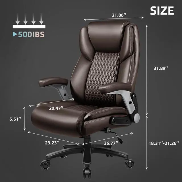 Alt view image 3 of 7 - 600lbs Big and Tall Office Chair with Flip up Armrest, Large Heavy Duty with Ergonomic Lumbar Support, Executive Office Chair for Heavy People with Rubber Wheel(Brown)