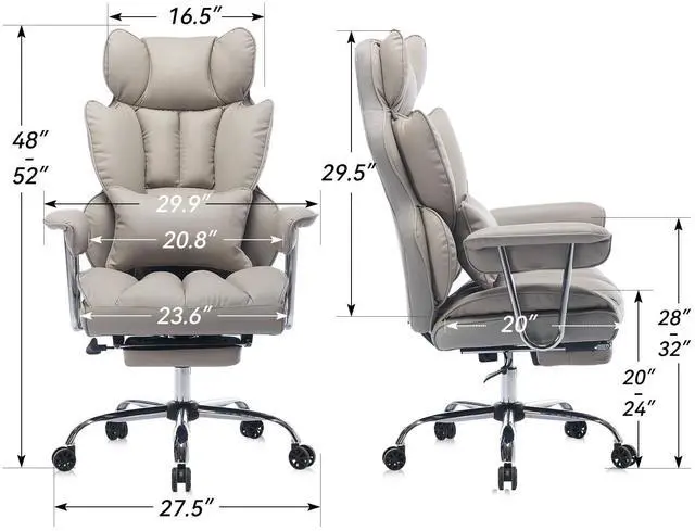 Alt view image 2 of 7 - Big and Tall Office Chair 400lbs - Heavy Duty Executive Desk Chair with Footrest, High Back PU Leather Ergonomic Computer Chair with Extra Wide Seat & Thick Cushion for Home Office (Light Grey)