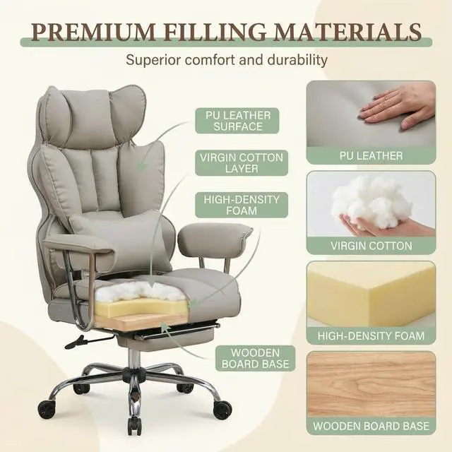 Alt view image 3 of 7 - Big and Tall Office Chair 400lbs - Heavy Duty Executive Desk Chair with Footrest, High Back PU Leather Ergonomic Computer Chair with Extra Wide Seat & Thick Cushion for Home Office (Light Grey)