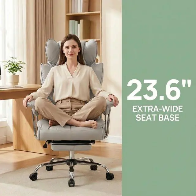 Alt view image 4 of 7 - Big and Tall Office Chair 400lbs - Heavy Duty Executive Desk Chair with Footrest, High Back PU Leather Ergonomic Computer Chair with Extra Wide Seat & Thick Cushion for Home Office (Light Grey)