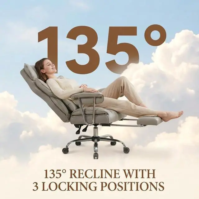 Alt view image 5 of 7 - Big and Tall Office Chair 400lbs - Heavy Duty Executive Desk Chair with Footrest, High Back PU Leather Ergonomic Computer Chair with Extra Wide Seat & Thick Cushion for Home Office (Light Grey)