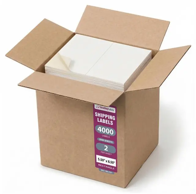 Main image of Half Sheet Shipping Labels 5.5" x 8.5" Printable Blank Labels for Laser & Inkjet Printers, White Self-Adhesive Stickers, 2 Per Page for Ship, FBA, UPS & FedEx, Made in USA, 2000 Pack