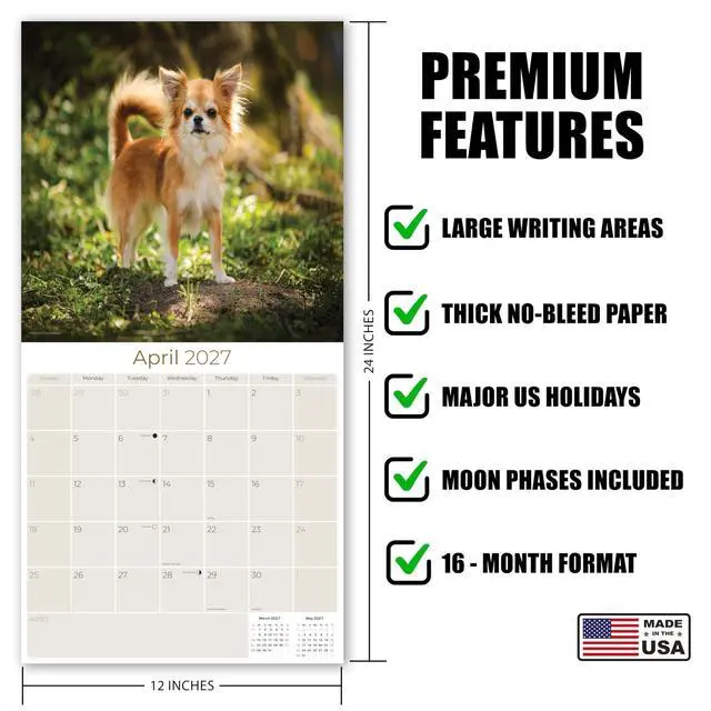 Alt view image 5 of 7 - Chihuahua Calendar 2026-2027, 16-Month 12x12 Wall Calendar | 2026-2027 Calendar, Dog Lover Gift, Made in USA, Thick 100# No-Bleed Paper, Large Writing Blocks, 12x12, US Holidays