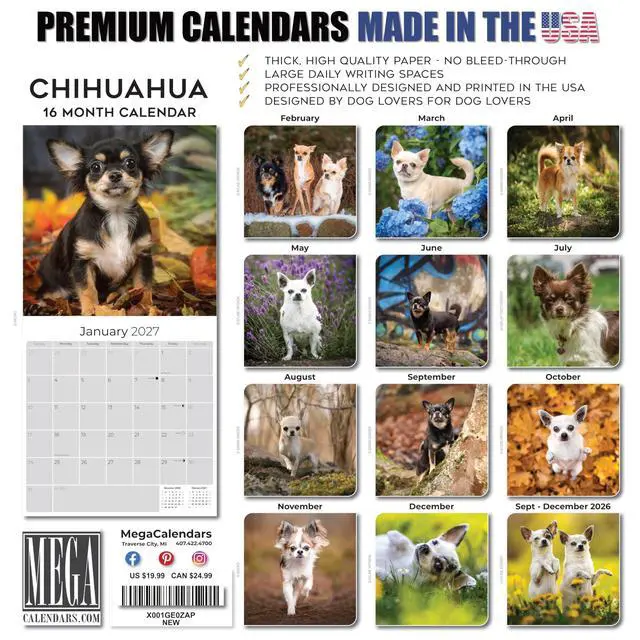 Alt view image 7 of 7 - Chihuahua Calendar 2026-2027, 16-Month 12x12 Wall Calendar | 2026-2027 Calendar, Dog Lover Gift, Made in USA, Thick 100# No-Bleed Paper, Large Writing Blocks, 12x12, US Holidays