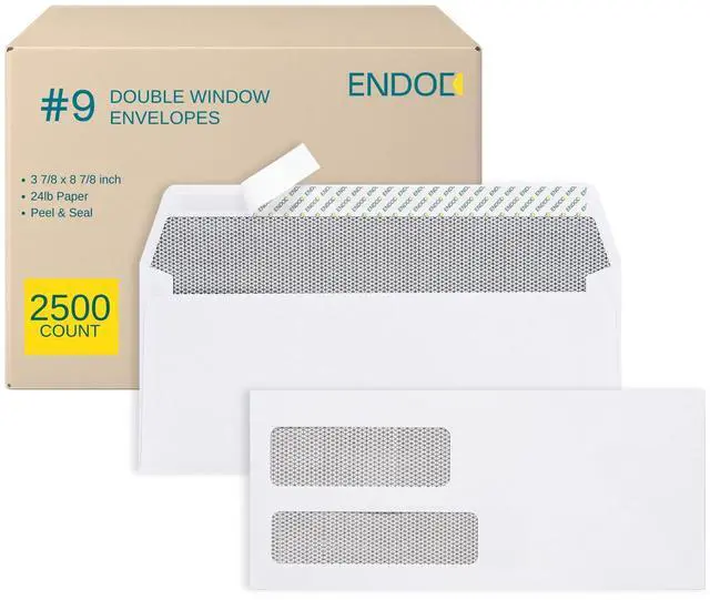 Main image of 2500#9 Double Window Envelopes Self Seal, 3 7/8 x 8 7/8" Security Tinted Envelopes for Invoices & Statements, Business Mailing Envelopes with Windows, Bright White 24lb Paper no. 9