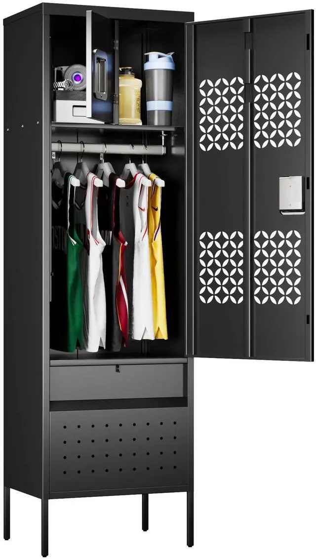 Main image of 72-Inch Metal Locker with Hanging Rod and Interior Box, Black | 72"H x 21.7"W x 15.8"D locker with a hanging rod, ventilated door, interior box, lower compartment and leveling feet