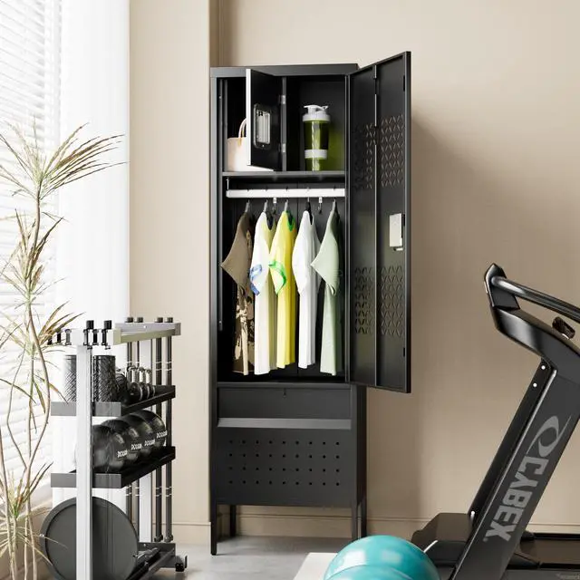 Alt view image 2 of 7 - 72-Inch Metal Locker with Hanging Rod and Interior Box, Black | 72"H x 21.7"W x 15.8"D locker with a hanging rod, ventilated door, interior box, lower compartment and leveling feet
