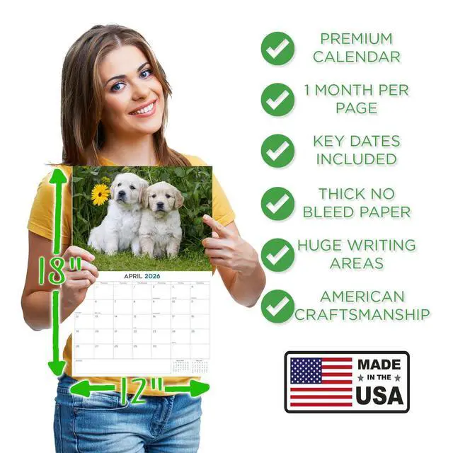 Alt view image 4 of 7 - Golden Retriever Puppy Calendar 2026 2027 14 Month Wall Calendar | Dog Lover Gift, Thick 100# No-Bleed Paper, Large Writing Blocks, Made in USA, Puppy Photos, Teacher Gift