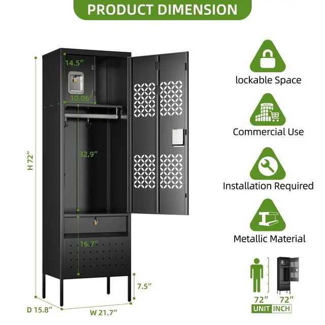 Alt view image 3 of 7 - 72-Inch Metal Locker with Hanging Rod and Interior Box, Black | 72"H x 21.7"W x 15.8"D locker with a hanging rod, ventilated door, interior box, lower compartment and leveling feet