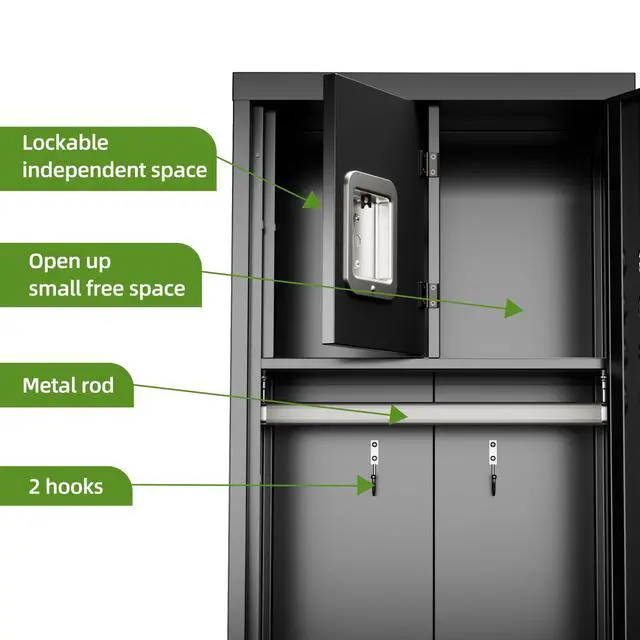 Alt view image 4 of 7 - 72-Inch Metal Locker with Hanging Rod and Interior Box, Black | 72"H x 21.7"W x 15.8"D locker with a hanging rod, ventilated door, interior box, lower compartment and leveling feet