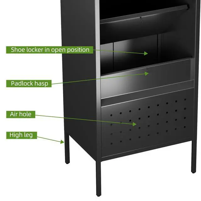 Alt view image 5 of 7 - 72-Inch Metal Locker with Hanging Rod and Interior Box, Black | 72"H x 21.7"W x 15.8"D locker with a hanging rod, ventilated door, interior box, lower compartment and leveling feet