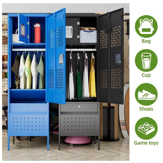 Alt view image 7 of 7 - 72-Inch Metal Locker with Hanging Rod and Interior Box, Black | 72"H x 21.7"W x 15.8"D locker with a hanging rod, ventilated door, interior box, lower compartment and leveling feet