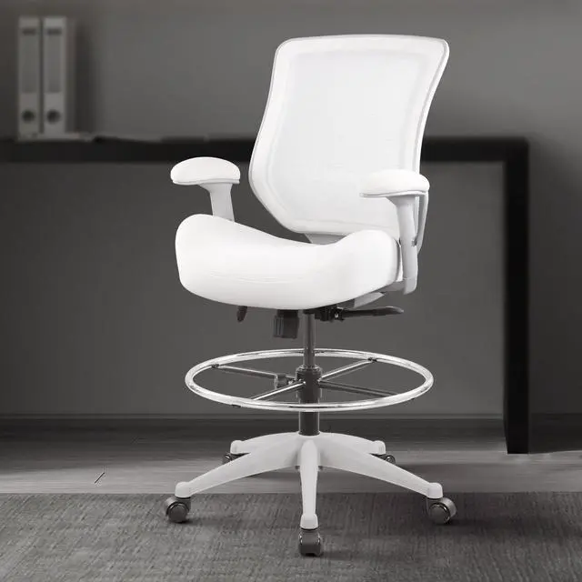 Alt view image 2 of 4 - 400lbs Mesh Ergonomic Office Drafting Chair Big Adjustable Foot Ring Height Adjustable Armrest (Wht)