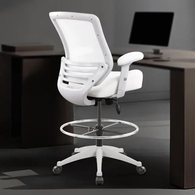 Alt view image 4 of 4 - 400lbs Mesh Ergonomic Office Drafting Chair Big Adjustable Foot Ring Height Adjustable Armrest (Wht)