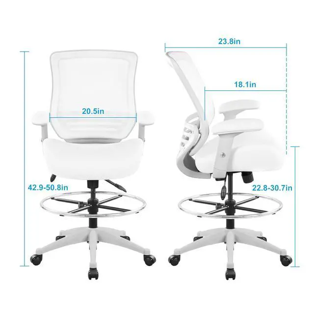 Alt view image 3 of 4 - 400lbs Mesh Ergonomic Office Drafting Chair Big Adjustable Foot Ring Height Adjustable Armrest (Wht)