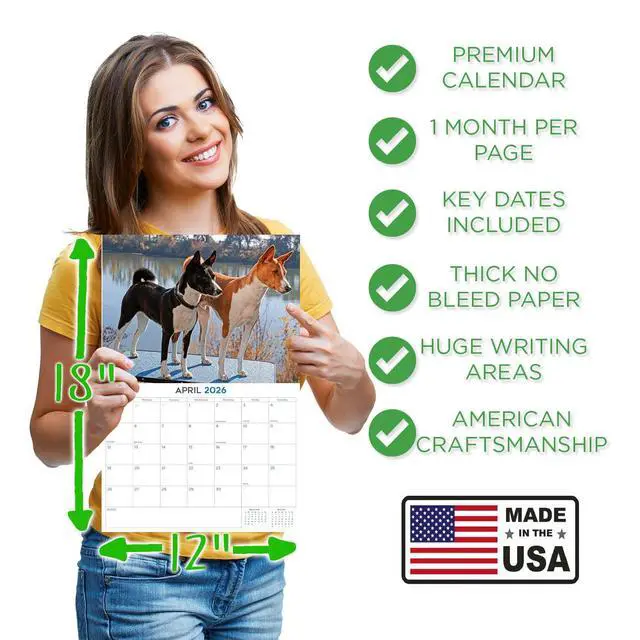 Alt view image 4 of 7 - Basenji Calendar 2026 2027 14 Month Wall Calendar | Dog Lover Gift, Thick 100# No-Bleed Paper, Large Writing Blocks, Made in USA, Barkless Dog Decor, Teacher Gift