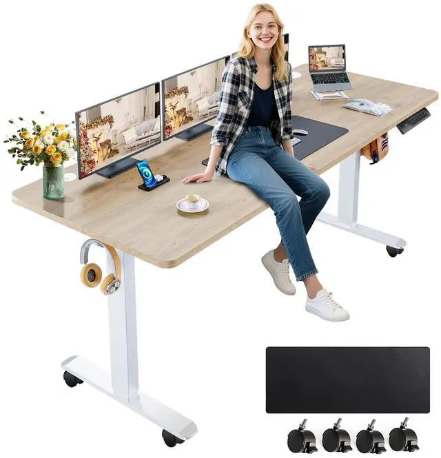 Main image of Electric Standing Desk Adjustable Height, 63x24 Inches Computer Desk with Rolling Wheels, Mouse Pad,Multifunctional Stand up Desk for Home/Office(Oak Gray)