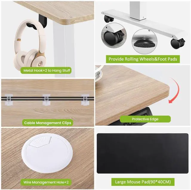 Alt view image 5 of 7 - Electric Standing Desk Adjustable Height, 55 x 24 Inch Stand up Desk with Large Mouse Pad, Rolling Wheels & Foot Pad,27''-46'' Lifting Range Home Office Computer Desk(Oak Gray)