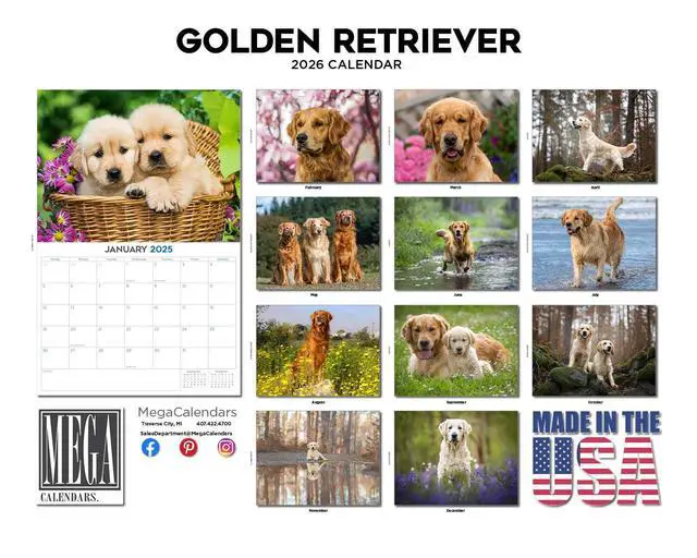 Alt view image 3 of 7 - Golden Retriever Calendar 2026 2027 14 Month Wall Calendar | Dog Lover Gift, Thick 100# No-Bleed Paper, Large Writing Blocks, Made in USA, Golden Dog Decor, Teacher Gift