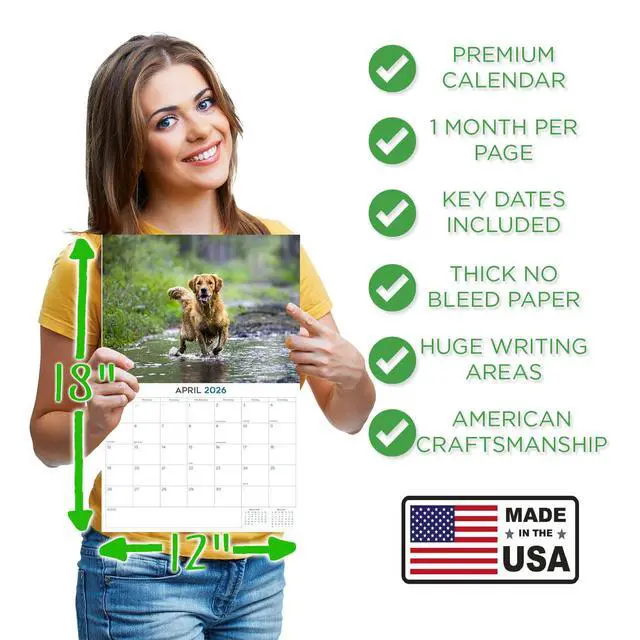 Alt view image 4 of 7 - Golden Retriever Calendar 2026 2027 14 Month Wall Calendar | Dog Lover Gift, Thick 100# No-Bleed Paper, Large Writing Blocks, Made in USA, Golden Dog Decor, Teacher Gift