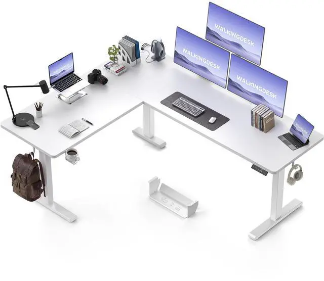 Main image of 75x61 Inches Reversible L Shaped Standing Desk Height Adjustable with Cup Holder, Electric Corner Computer Workstation for Home Office, Sit Stand up Gaming Desk with Cable Management White