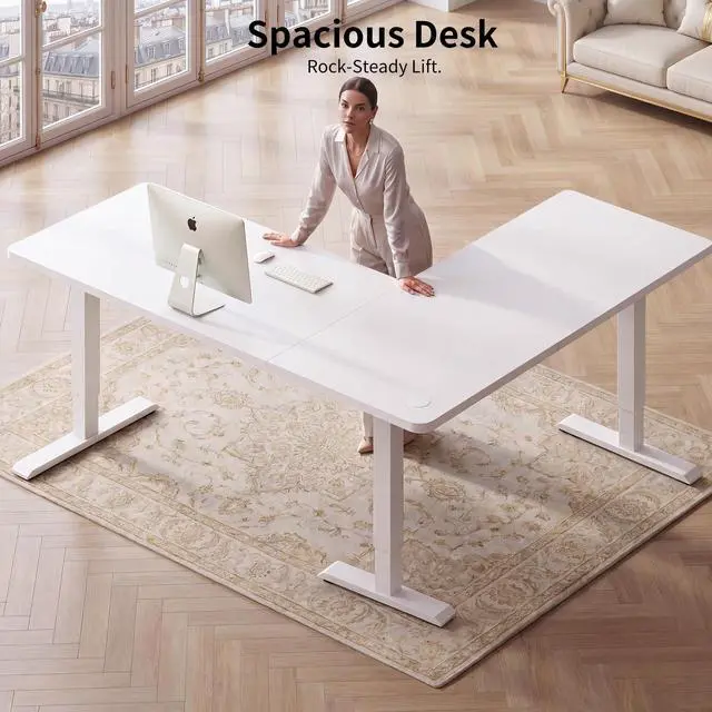 Alt view image 2 of 7 - 75x61 Inches Reversible L Shaped Standing Desk Height Adjustable with Cup Holder, Electric Corner Computer Workstation for Home Office, Sit Stand up Gaming Desk with Cable Management White