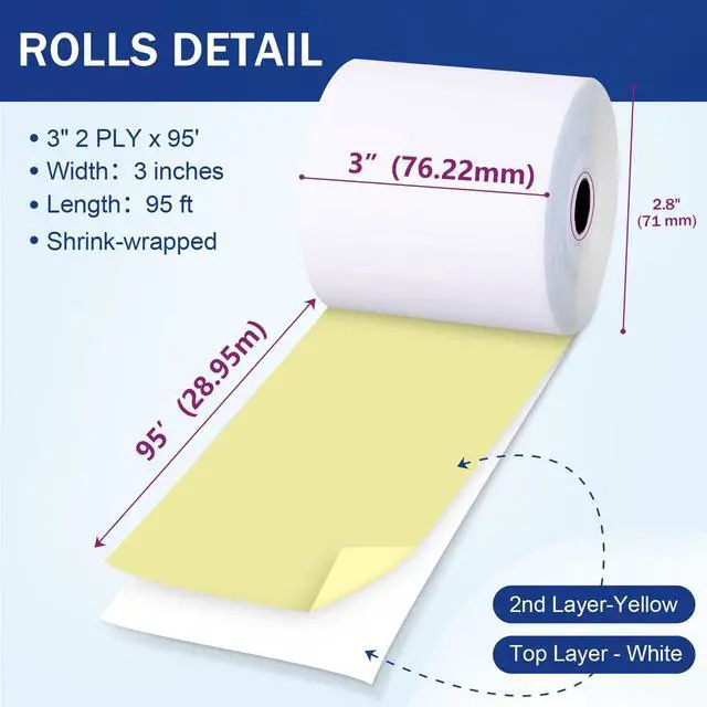 Alt view image 2 of 7 - 50 Rolls3x95 2 Ply Kitchen Printer Paper for Star SP700, Carbonless Register Rolls White/Yellow Receipt Paper POS Cash Register