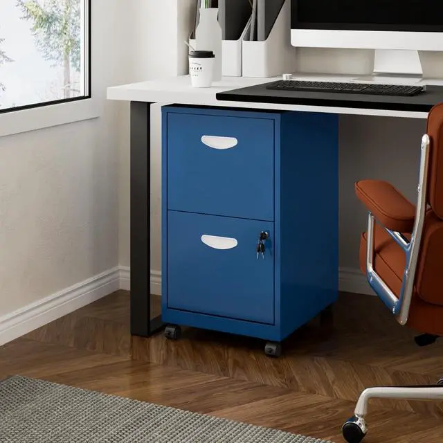 Alt view image 2 of 7 - 2 Drawer Rolling File Cabinet with Lock for Home Office | Metal Mobile Filing Cabinet on Wheels, Small Under Desk Storage, Fits Hanging Letter Size, Printer Stand, Blue