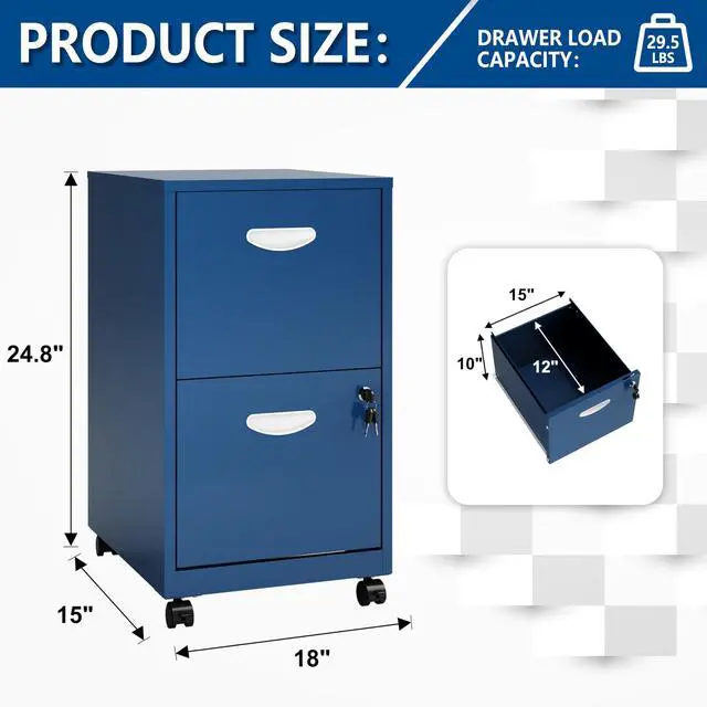 Alt view image 3 of 7 - 2 Drawer Rolling File Cabinet with Lock for Home Office | Metal Mobile Filing Cabinet on Wheels, Small Under Desk Storage, Fits Hanging Letter Size, Printer Stand, Blue