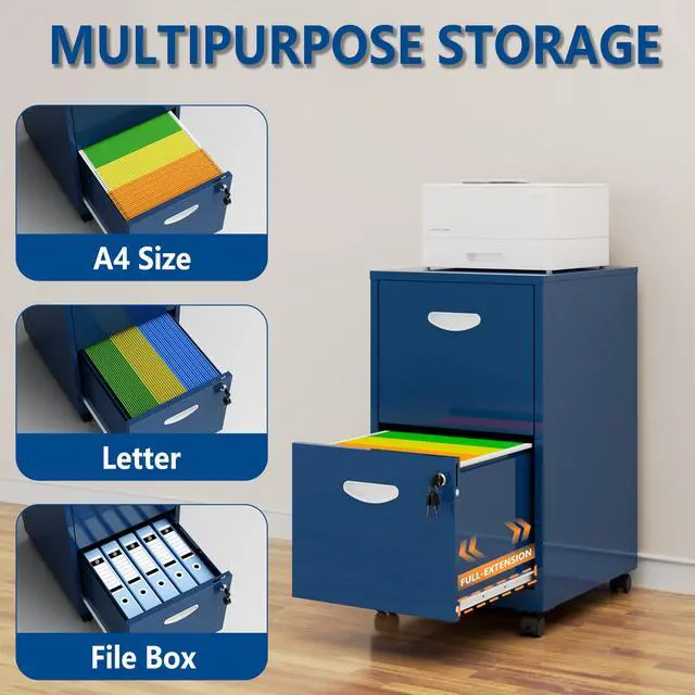 Alt view image 4 of 7 - 2 Drawer Rolling File Cabinet with Lock for Home Office | Metal Mobile Filing Cabinet on Wheels, Small Under Desk Storage, Fits Hanging Letter Size, Printer Stand, Blue