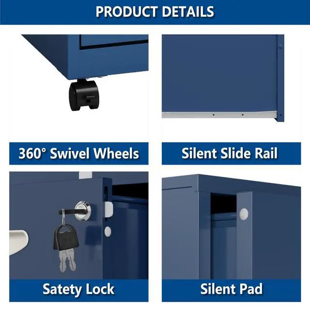 Alt view image 5 of 7 - 2 Drawer Rolling File Cabinet with Lock for Home Office | Metal Mobile Filing Cabinet on Wheels, Small Under Desk Storage, Fits Hanging Letter Size, Printer Stand, Blue