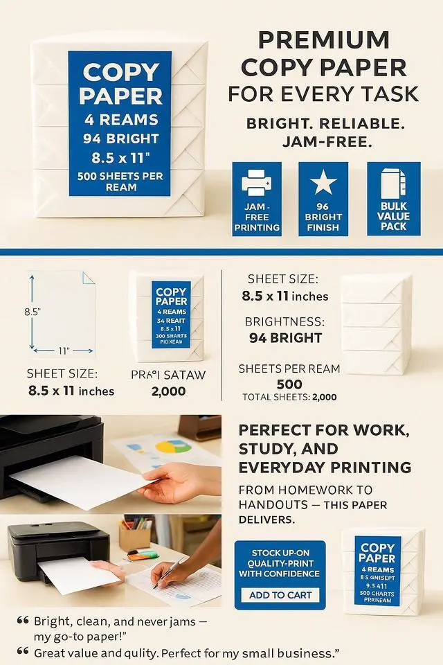 Alt view image 2 of 4 - Copy Paper 4 Reams, 500 Sheets Each, 94 Bright, 8.5 x 11" Multipurpose Printer Paper for Home, Office, School Jam-Free, Acid-Free, High Performance
