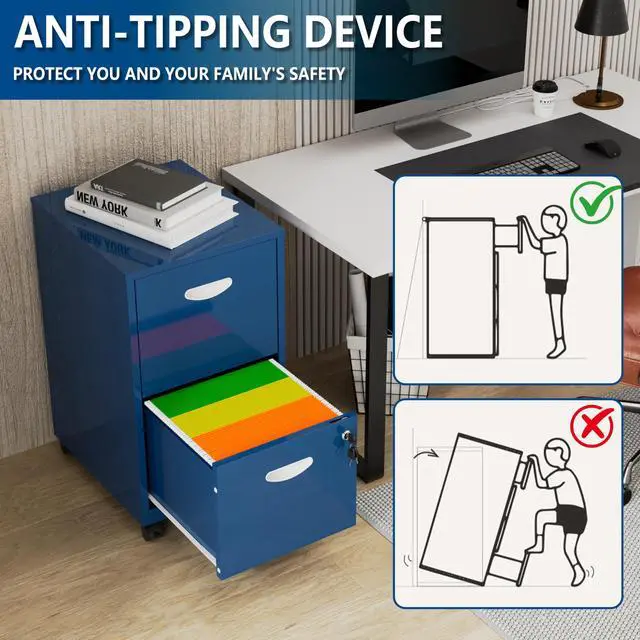 Alt view image 6 of 7 - 2 Drawer Rolling File Cabinet with Lock for Home Office | Metal Mobile Filing Cabinet on Wheels, Small Under Desk Storage, Fits Hanging Letter Size, Printer Stand, Blue