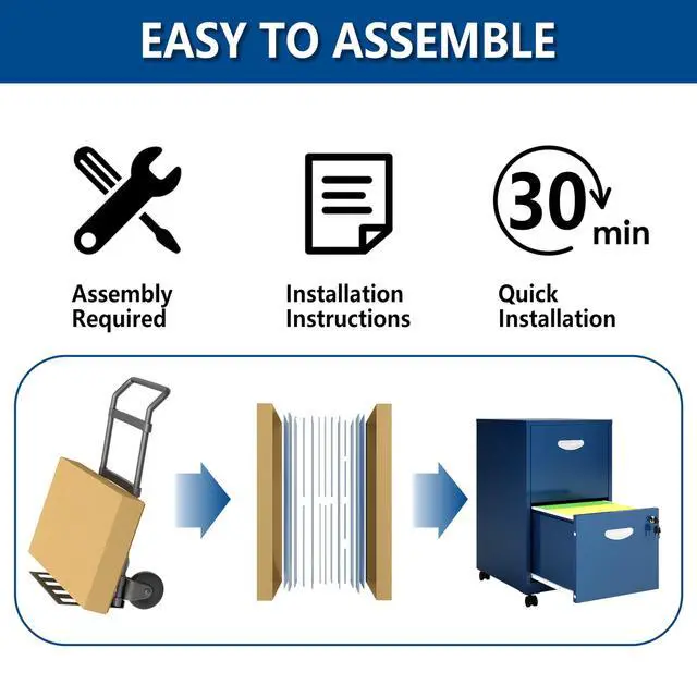 Alt view image 7 of 7 - 2 Drawer Rolling File Cabinet with Lock for Home Office | Metal Mobile Filing Cabinet on Wheels, Small Under Desk Storage, Fits Hanging Letter Size, Printer Stand, Blue