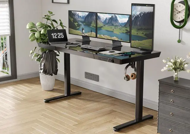 Alt view image 2 of 7 - Glass Standing Desk with Drawers & USB Ports 55x24 Inch, Black | 3 Steps Quick Install, 2 Zones Drawer, USB Ports, Ultra White One-Piece Glass Top, Writable Top
