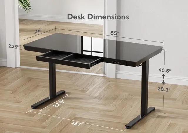 Alt view image 3 of 7 - Glass Standing Desk with Drawers & USB Ports 55x24 Inch, Black | 3 Steps Quick Install, 2 Zones Drawer, USB Ports, Ultra White One-Piece Glass Top, Writable Top
