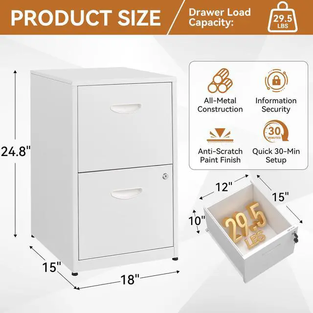 Alt view image 3 of 7 - 2 Drawer File Cabinet with Lock, Metal Filing Cabinet for Home Office | Small Locking Cabinet for Under Desk Storage, Printer Stand, Fits Letter Size, White, 26"H x 15"W x 18"D, Easy Assembly