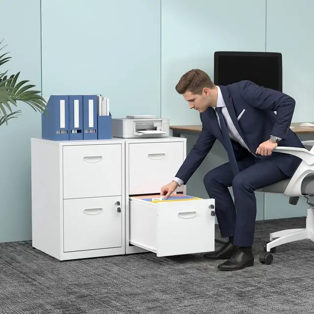 Alt view image 2 of 7 - 2 Drawer File Cabinet with Lock, Metal Filing Cabinet for Home Office | Small Locking Cabinet for Under Desk Storage, Printer Stand, Fits Letter Size, White, 26"H x 15"W x 18"D, Easy Assembly
