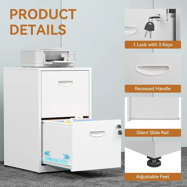 Alt view image 6 of 7 - 2 Drawer File Cabinet with Lock, Metal Filing Cabinet for Home Office | Small Locking Cabinet for Under Desk Storage, Printer Stand, Fits Letter Size, White, 26"H x 15"W x 18"D, Easy Assembly