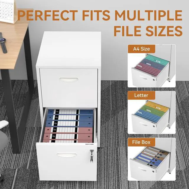 Alt view image 5 of 7 - 2 Drawer File Cabinet with Lock, Metal Filing Cabinet for Home Office | Small Locking Cabinet for Under Desk Storage, Printer Stand, Fits Letter Size, White, 26"H x 15"W x 18"D, Easy Assembly