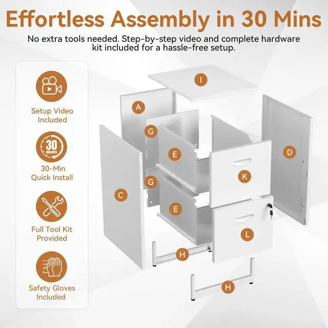 Alt view image 7 of 7 - 2 Drawer File Cabinet with Lock, Metal Filing Cabinet for Home Office | Small Locking Cabinet for Under Desk Storage, Printer Stand, Fits Letter Size, White, 26"H x 15"W x 18"D, Easy Assembly