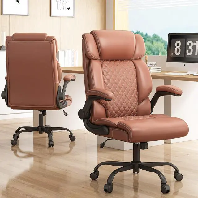 Alt view image 2 of 7 - Office Chair-Executive High Back Breathable Big and Tall Office Chair Flip-up Armrests Lumbar Support-Ergonomic Leather Rolling Swivel Chair with Rock Function for Working Studying Gaming,2 Pack