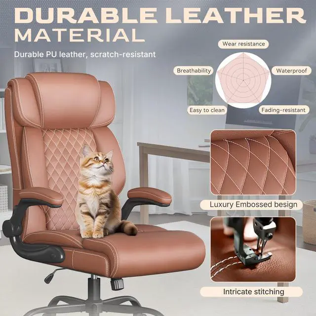 Alt view image 4 of 7 - Office Chair-Executive High Back Breathable Big and Tall Office Chair Flip-up Armrests Lumbar Support-Ergonomic Leather Rolling Swivel Chair with Rock Function for Working Studying Gaming,2 Pack