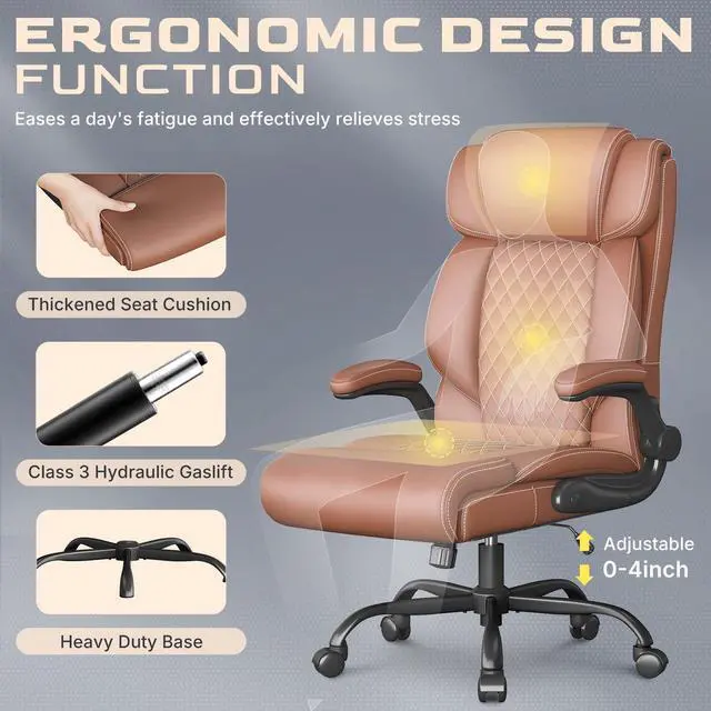 Alt view image 5 of 7 - Office Chair-Executive High Back Breathable Big and Tall Office Chair Flip-up Armrests Lumbar Support-Ergonomic Leather Rolling Swivel Chair with Rock Function for Working Studying Gaming,2 Pack