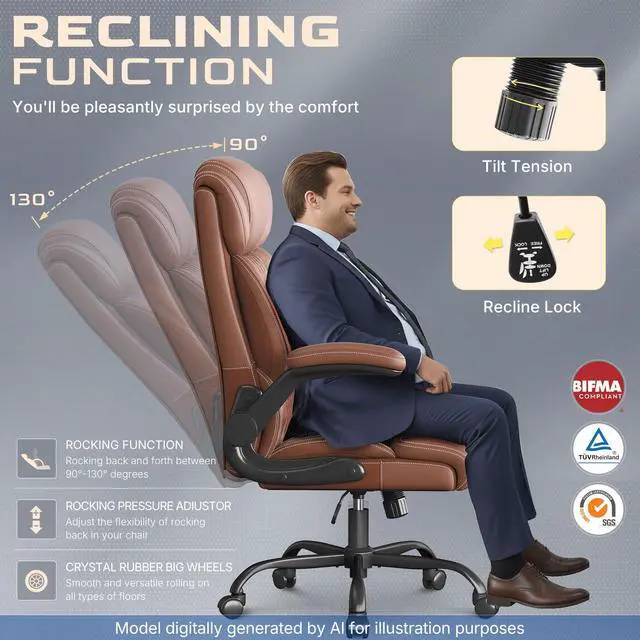 Alt view image 6 of 7 - Office Chair-Executive High Back Breathable Big and Tall Office Chair Flip-up Armrests Lumbar Support-Ergonomic Leather Rolling Swivel Chair with Rock Function for Working Studying Gaming,2 Pack